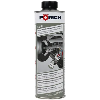 A can of FÖRCH L259 Wachs-Unterbodenschutz transparent, a car underbody protection product, shown against a white background. The can has an illustration of a car's rear wheel and suspension system being sprayed.