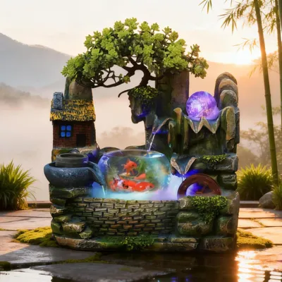 Produktbild von Zimmerbrunnen Wasserfall, Grüne Pflanze Brunnen, Deko Tischbrunnen mit Farbwechsel LED Beleuchtung, Feng Shui Rad und Transparentes Aquarium für Zimmer, Wohnräume und Büros (30 x 20 x 36 cm)