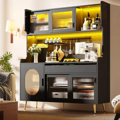 Produktbild von Buffetschrank mit LED & Fluted Glas, 5 Türen,Küchenschrank & Aufbewahrung, inkl. Ordnungslockplatte, 145x39x171cm.Schwarz