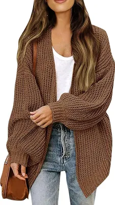 Produktbild von ASKSA Damen Cardigan Strickjacke Offene Front Strickpullover Elegant Laternenaermel Einfarbig Oversized Casual Strick Cardigan Strickmantel,Braun,XL