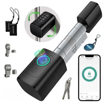 Immagine prodotto di Cilindro Smartlock 60-90 mm, serratura elettrica per porta d'ingresso, serratura con impronta digitale, PIN, RFID, app Tuya e chiave di emergenza