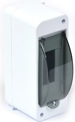 A white electrical distribution box with a transparent gray door is shown against a white background.