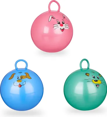 Produktbild von 3x Hüpfball Kinder im Set, mit Griff, für drinnen & draußen, mit Tier-Motiv, Weich, 45 cm Durchmesser, Blau, Grün, Pink