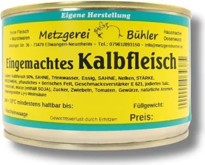 Produktbild von Eingemachtes Kalbfleisch 600g Fertiggericht in der Dose Fleischkonserve lang haltbares Lebensmittel mit leckerer Sauce Soße