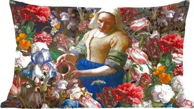 Produktbild von MuchoWow® Zierkissen Sofakissen Wohnzimmer Dekokissen 50x30 cm Milchmädchen - Johannes Vermeer - Blumen - Farben - Wohnzimmerdekoration - Polster mit Photo