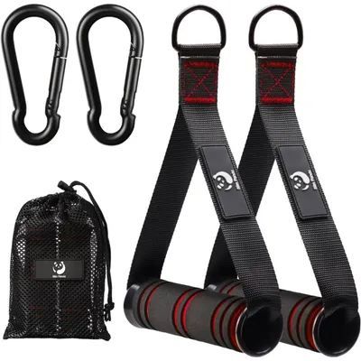 Image de Poignées de traction (lot de 2) : Poignées à une main pour élastiques de fitness et entraînement avec poulie, noir et rouge