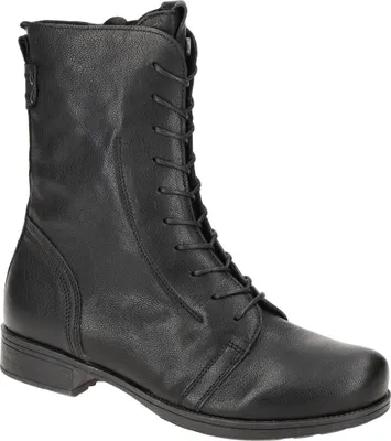 A black leather boot on a white background.