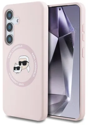 Obrázek produktu pro Silikonové pouzdro Karl Lagerfeld s dvojitými hlavami a kruhem MagSafe pro Samsung Galaxy S25 růžové