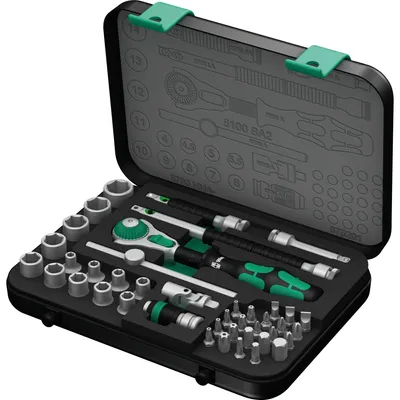 Zdjęcie produktu dla Wera 05003533001, Zestaw kluczy nasadowych, 42 szt., Czarny, Chrom, Zielony, CE, Rękojeść z mechanizmem zapadkowym