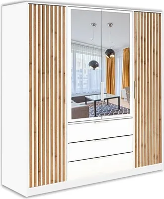 Obrázek produktu pro BETTSO Šatní skříň s ozdobnými lištami se 3 zásuvkami a tyčí na šaty BALL LUX D4 White+Oak Wotan