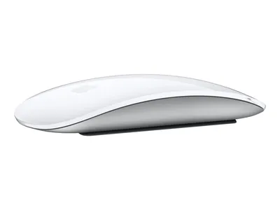 A white Apple Magic Mouse is shown from the side against a white background.