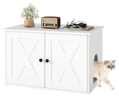Immagine prodotto di COSTWAY, mobiletto 3 in 1 per gatti, 80x53x50 cm, contenitore per lettiera, cuccia per gatti con 2 porte e ingresso, lettiera nascosta, tavolino, mobiletto per gatti