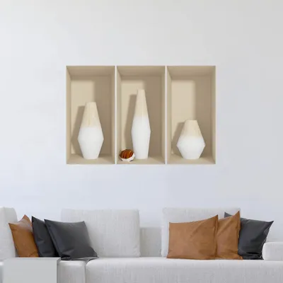 Produktbild von 3D-Effekt-Aufkleber mit weißen Holzvasen, 80 x 120 cm