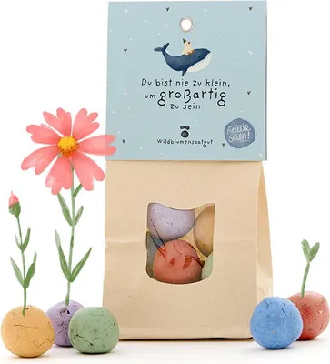 Produktbild von 8 bunte Blumenmurmeln im Tütchen – Du bist nie zu klein – Nachhaltiges Geschenk & Mutmacher mit Wildblumensamen – Aufmunterung, Prüfung, Schulanfang, Motivation