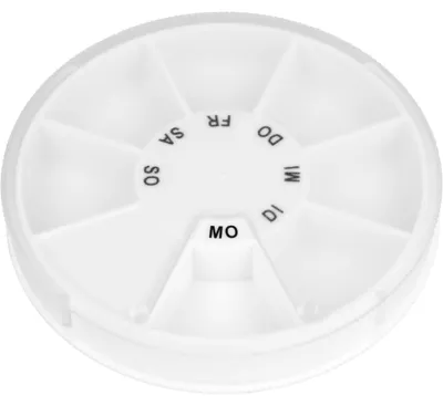 Obrázok produktu pre Zásobník na tablety Icron 7 priehradiek transp.veko okrúhle 1 ks
