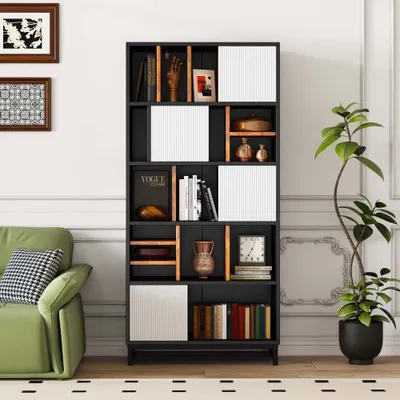 Productafbeelding van AIORBER Boekenrek, met open vak met 5 legplanken, bruine houtnerf, antiekant, stabiel, geschikt voor woonkamer, kantoor, 80 x 30 x 165 cm, zwart