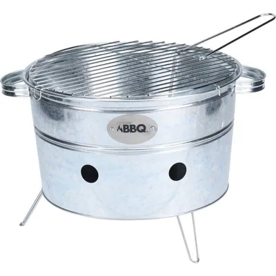 A portable round grill on a white background.