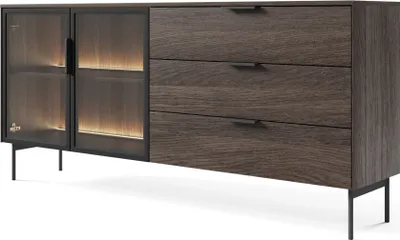 Obrázek produktu pro Selsey Lumi - dvoudveřový příborník se skleněnými čely, 3 zásuvkami a LED diodami, dub Dunin, 181 cm