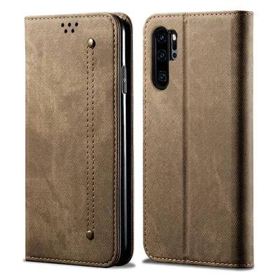 Produktbild von Huawei P30 Pro Hülle, LaimTop Denim Leder Brieftasche Magnetverschluss Flip Bookstyle Schutzhülle mit Standfunktion für Huawei P30 Pro Khaki