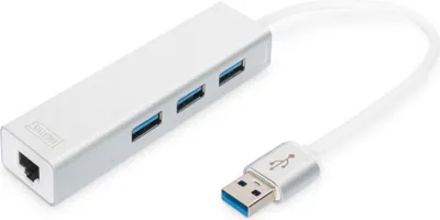Produktbild von Digitus USB 3.0 3-Port Hub & Gigabit LAN-Adapter, USB 3.2 Gen 1 (3.1 Gen 1) Type-A, IEEE 802.3, IEEE 802.3ab, IEEE 802.3u, Silber, Weiß, USB 3.2 Gen 1 (3.1 Gen 1) Type-A, Aluminium, China