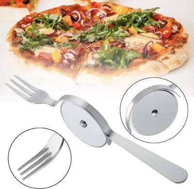 Produktbild von Pizzaroller und Gabel in einem – Pizzamesser mit Gabel – Pizzaschneider – Silberfarben – 22,5 cm – Pizzamesser und Gabel – CHPN