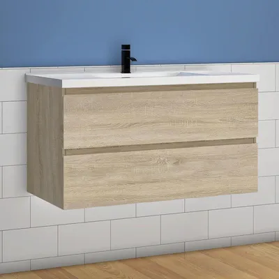 Produktbild von Waschtisch mit Unterschrank 100cm Alast Badmöbel Set Eiche Keramik Waschbecken mit Unterschrank MDF Softclose