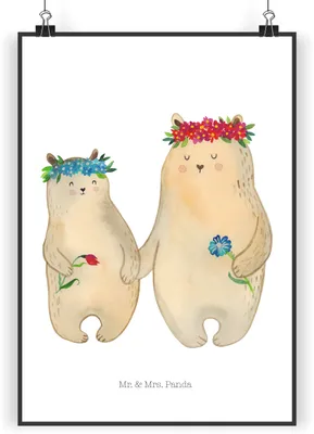 Produktbild von Mr. & Mrs. Panda Bild Bären mit Blumenkranz DIN A5 - Weiß - Geschenk, drucke, Plakat, Töchter, Wandbild, Familie, Tochter, Mama, wanddeko, Kinder, Wanddekoration