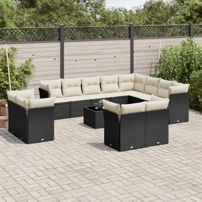 Produktbild von Design 13-tlg. Garten-Sofagarnitur mit Kissen Schwarz Poly Rattan, Gartenmöbel-Sets 2024 Neu
