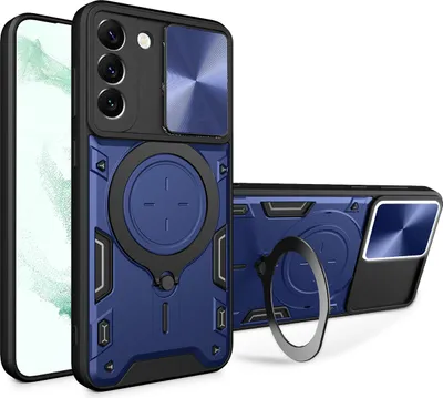 Produktbild von Handyhülle für Samsung Galaxy S22+ 5G Dual-Layer Stoßfest Rüstung Hülle mit Dia Kameraschutz und Kreisförmig Ring Ständer Blau