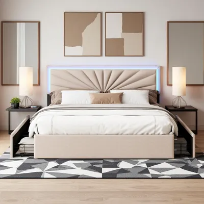 A bedroom scene featuring a bed with storage drawers and LED lighting.