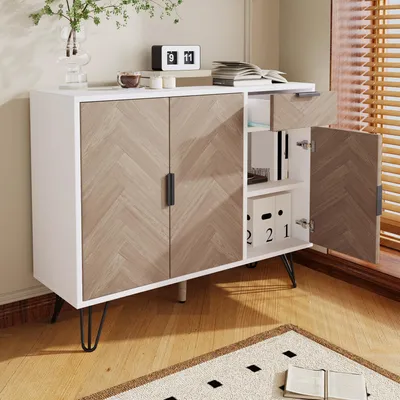Image de OKWISH Buffet Moderne avec Tiroir et Étagères Réglables - Meuble de Rangement pour Salon ou Salle à Manger - MDF - 90×30×71,5 cm - Blanc