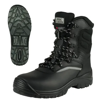 A black work boot shown from the side, with a separate view of its sole.