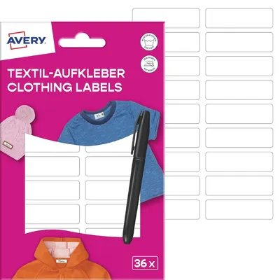 Image de Étiquettes textiles AVERY 13 x 45 mm, blanches, avec marqueur – 36 étiquettes sur 2 feuilles