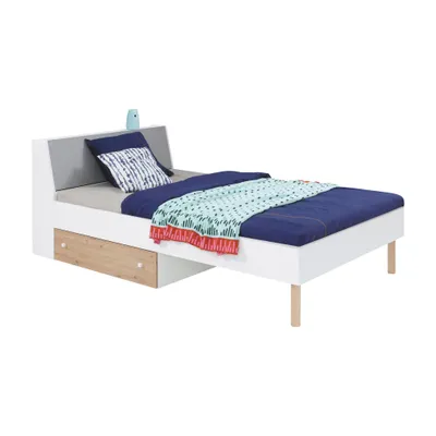 Produktbild von Jugendbett FIGO 90×200 cm Bett mit 1 Schublade, Bunt - Weiß/Eiche Artisan/Grau