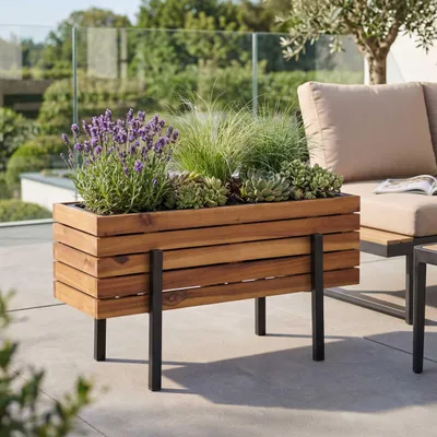 Image de Jardinière HWC-P88, bac à fleurs, pour l'intérieur et l'extérieur, en bois d'acacia ®, 35 x 62 x 26 cm ~ marron