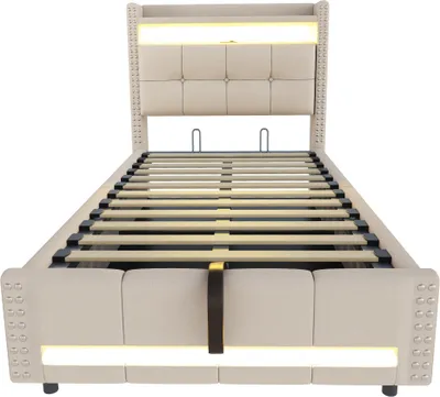 Produktbild von Polsterbett Kinderbett 90x200cm BeigeLeinen Mit LED USB Kopfteil Mit Stauraum Hydraulikbett Einzelbett Ohne Matratze Jugendbett