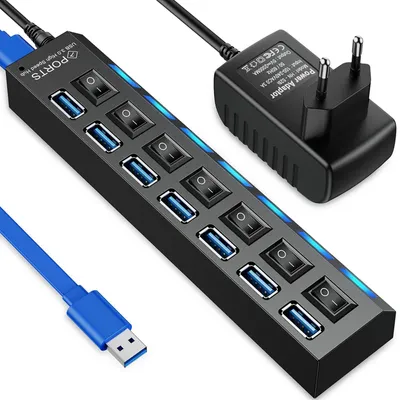 Produktbild von USB rozbočovač Active 3.0 7-portový rozbočovač Adaptér Aktívny USB distribútor 5 gb/s dátový rozbočovač so samostatným prepínačom Napájací port Jednotlivé LED prepínače napájania Retoo