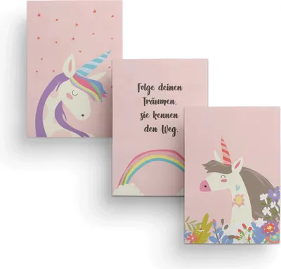 Produktbild von Friendly Fox Kinderzimmer Poster Babyzimmer - 3er Set Wandbilder - DIN A4 - Kinderposter (Unicorn)