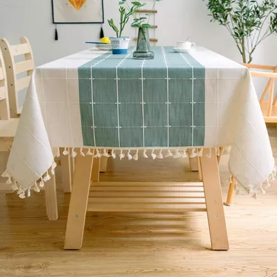 Productafbeelding van Tafelkleed, rechthoekig, katoen/linnen, geruit, met franjes, groen/wit, 140 x 260 cm