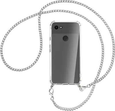 Produktbild von Handykette Backcover-Schutzhülle mit Band (Metall silberfarben) für Google Pixel 3a - silberfarbene Kette