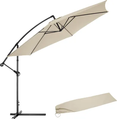 A beige cantilever umbrella and its cover are shown against a white background.