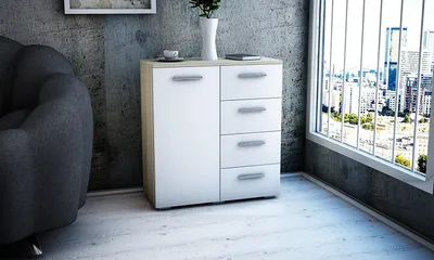 Produktbild von MATKAM Kommode Helena B80 x H84,5 x T35 cm, Sideboard mit 4 Schubladen und 1 Fächer mit Türen, ideal für Büro, Diele, Wohnzimmer (Sonoma Eiche – weiß)