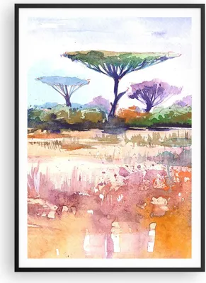 Produktbild von Gerahmtes Poster - Schwarzer Rahmen - Aquarell Savanne Bäume - 70x100 cm - Wand Bild - Wanddeko - Wandbilder - Kunstposter - Wandposter - Bilderrahmen - Bilder - Kunstdruck - P2BPA70x100-4484