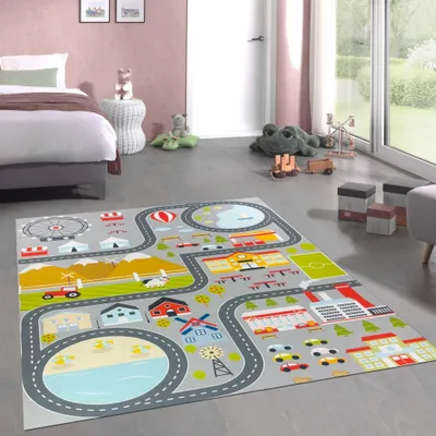 Zdjęcie produktu dla Dywanik dziecięcy, łatwy w pielęgnacji, antypoślizgowy, z motywem miejskim w kolorze szarym, rozmiar – okrągły, 160 cm
