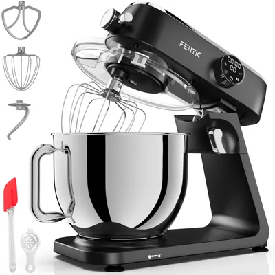 A black Fentic stand mixer with a stainless steel bowl and various attachments, displayed on a white background.