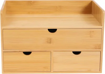 Obrázok produktu pre Bambusový organizér na stôl – úložný priestor s 3 zásuvkami – 33 × 19 × 20 cm Kompaktný – pre kanceláriu a kozmetiku – odolný proti korózii – prírodný