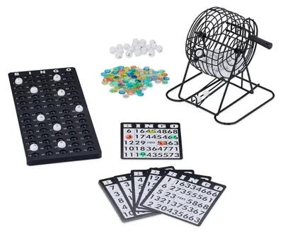 Image de Jeu de bingo Relaxdays, avec tambour, 75 boules, 18 cartes, 150 jetons, plateau de jeu, pour enfants et adultes, tombola, coloré