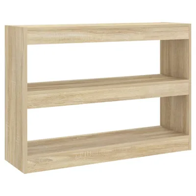 A three-shelf wooden bookcase or room divider.