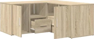 A corner shelving unit with drawers and doors, shown from a slightly elevated angle.