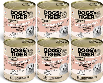 Produktbild von Dogs’n Tiger Junior, Hundefutter, Grünschnabel, Hunde Nassfutter, Welpen Futter, Geflügel, Getreidefrei, Naturreis, Karotte & Zucchini, 6x800g